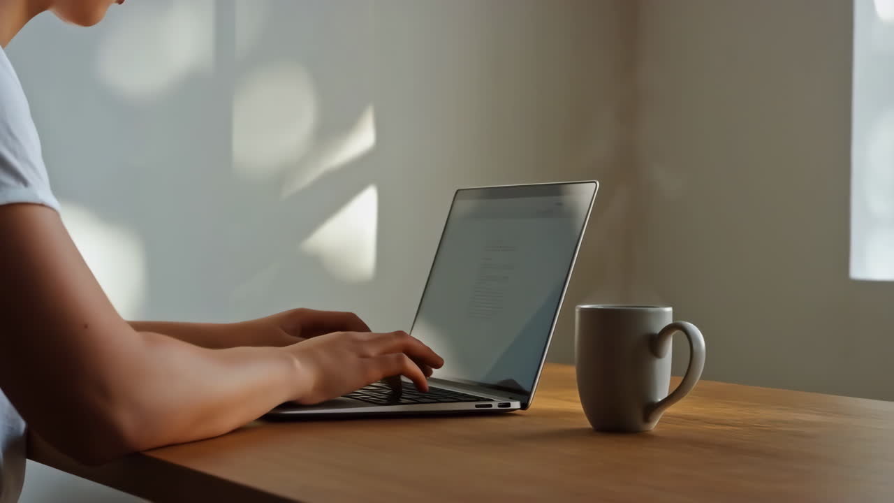 Working on a laptop with a mug on the desk