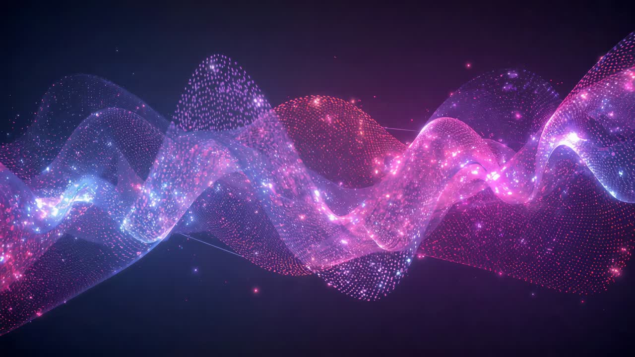 Undulating dual particle ribbon shifting across dark gradient on start, producing bright flares