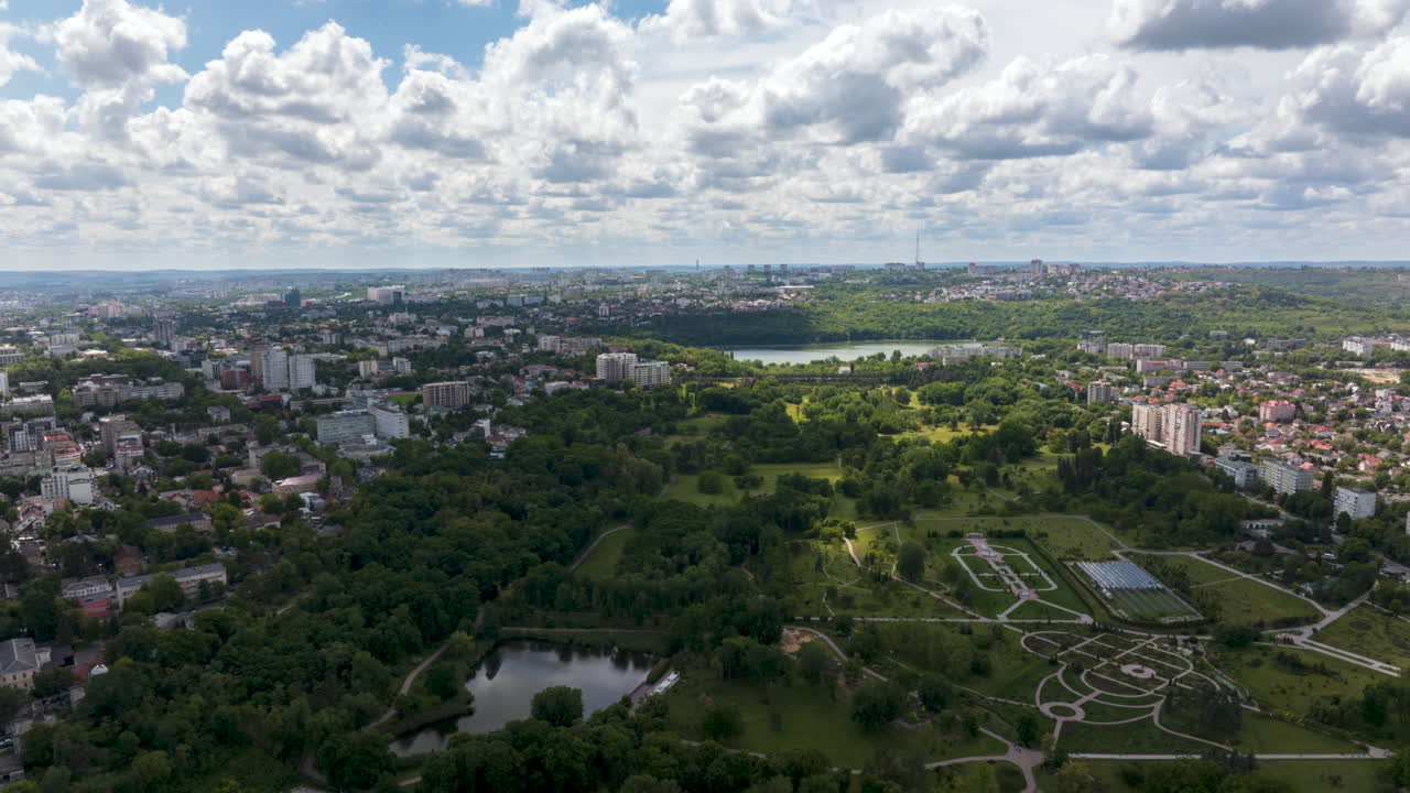 Aerial drone timelapse view of Dendrarium park in Chisinau city. Moldova