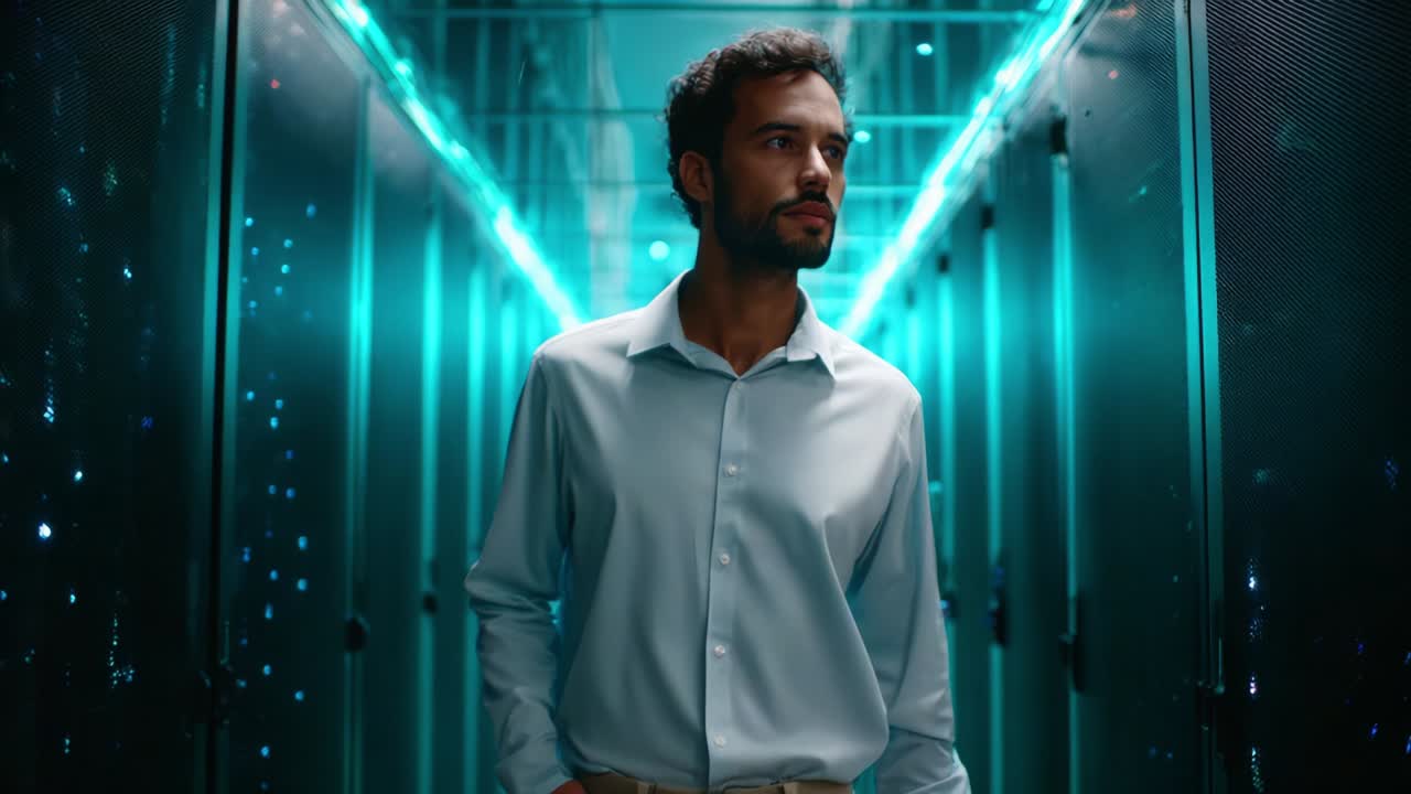 A contemplative individual walks through a futuristic server room, illuminated by blue-green LED lights, creating a mesmerizing atmosphere that enhances the technology-driven environment around them