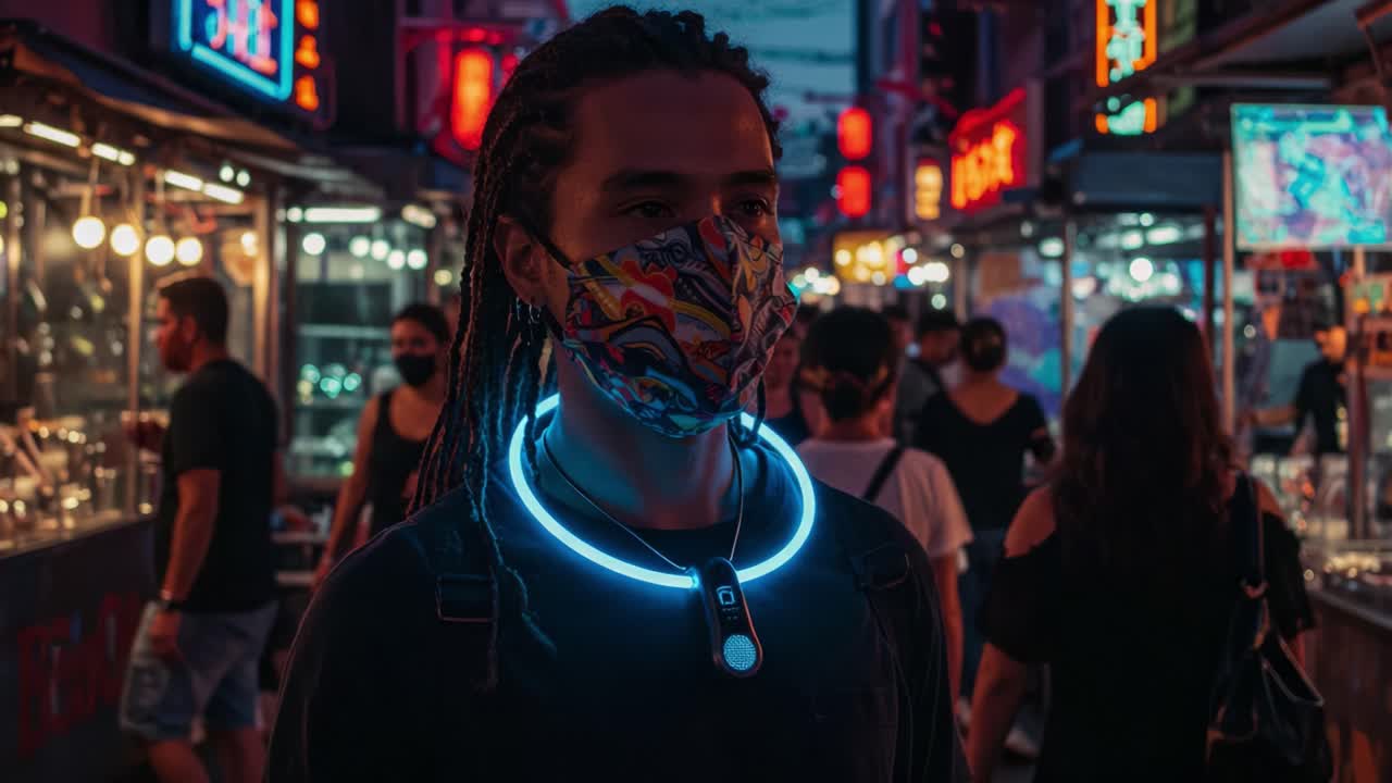 A Stylish Individual with Vibrant Mask and LED Necklace Walking Through a Colorful, Bustling Night Market, Surrounded by People in an Urban Setting