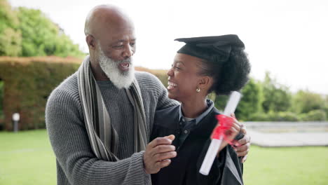 Black-woman,-graduation-and-hug-dad-at-college
