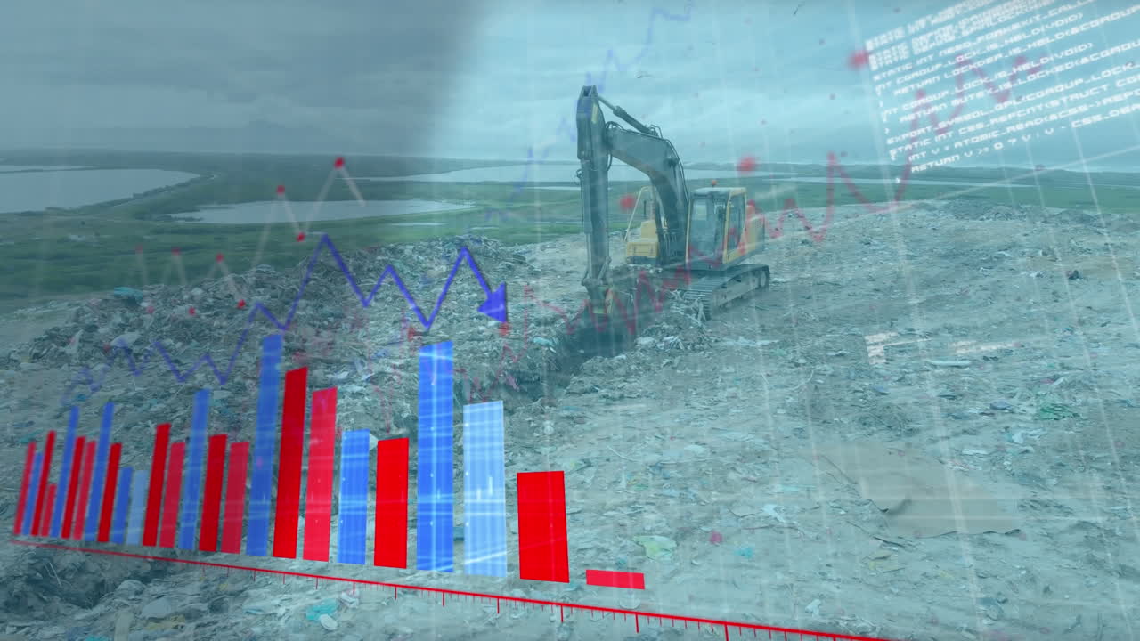 animación del procesamiento de datos financieros sobre una excavadora en un vertedero de basura