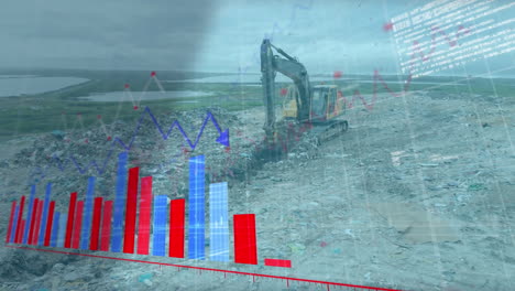 animación del procesamiento de datos financieros sobre una excavadora en un vertedero de basura