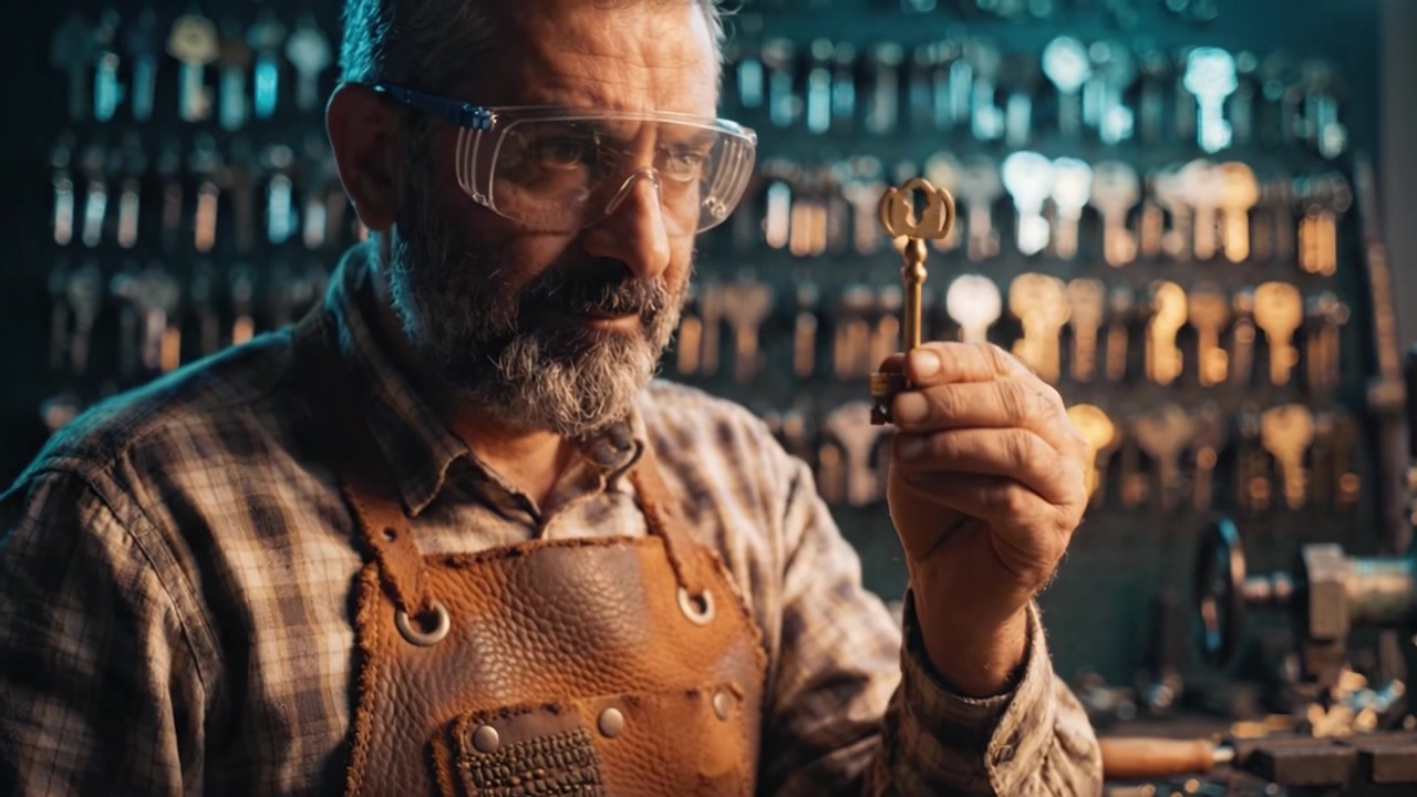 Ein erfahrener Handwerker poliert und untersucht einen kunstvollen Schlüssel in einer Vintage-Schlüsselwerkstatt, umgeben von Reihen antiker Schlüssel und Werkzeugen für die Metallbearbeitung