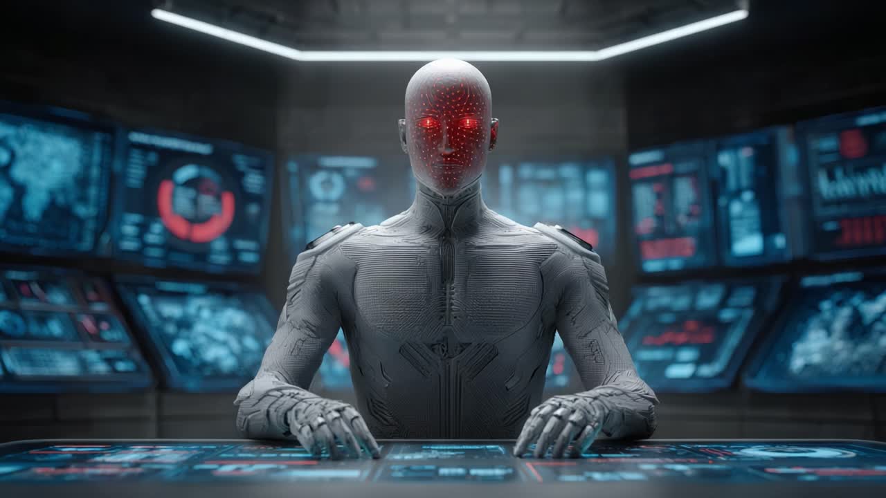 Entità robotica futuristica che analizza dati in un centro di comando high-tech con occhi rossi luminosi e pannelli complessi