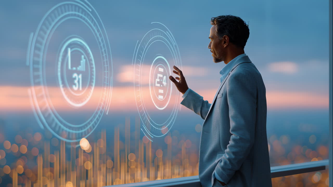 Businessman with digital interface. A businessman engages with a digital interface displaying graphs and data while overlooking a city at sunset