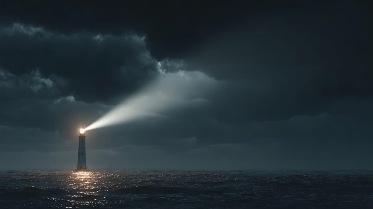A solitary lighthouse stands tall amidst a stormy sea, casting its beacon of light through dark clouds and turbulent waves, guiding sailors safely home against the night sky