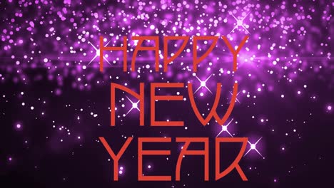animación del texto de feliz año nuevo sobre manchas brillantes púrpuras sobre fondo púrpura