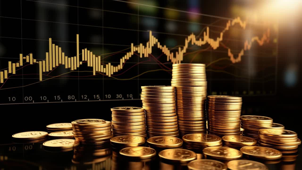Low-angle shot of stacked gold coins with a stock market graph in the background