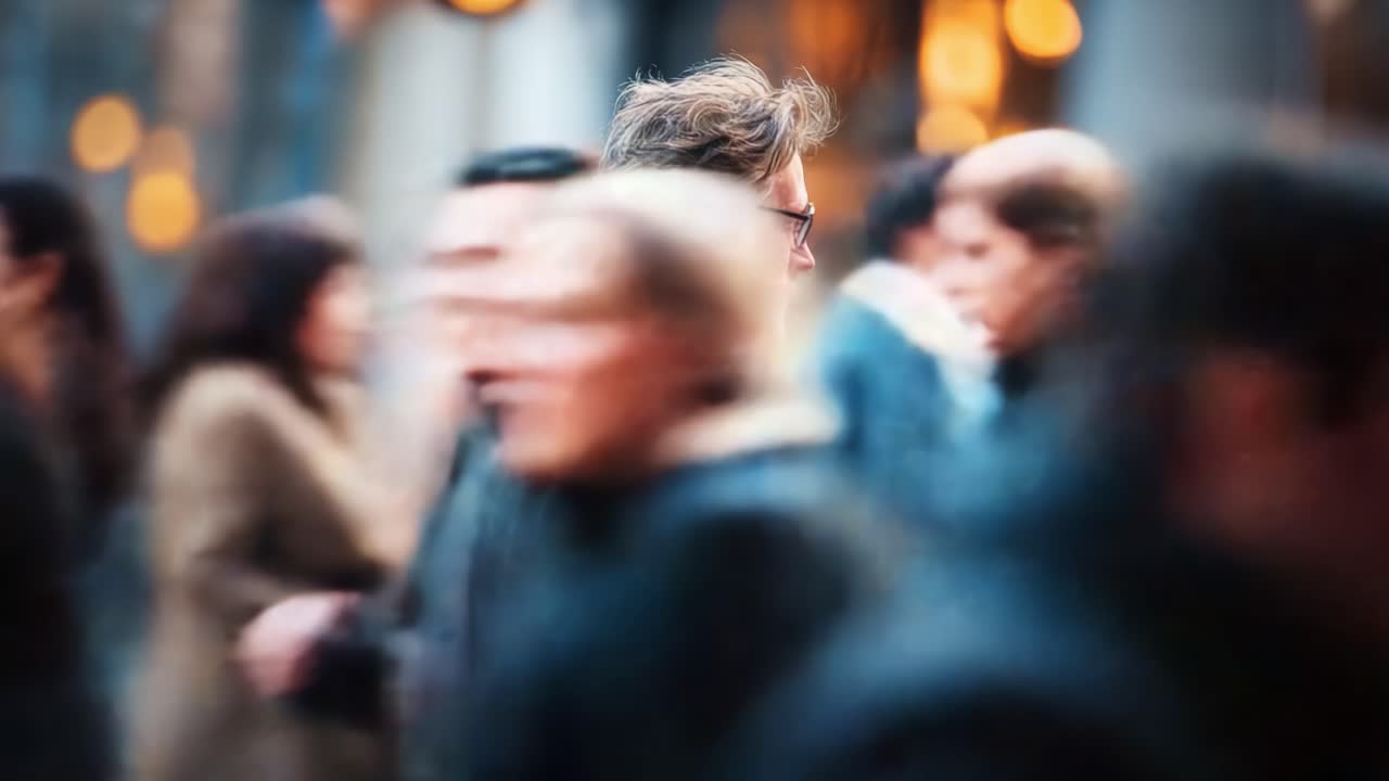 A solitary figure stands out amidst a bustling crowd, embodying the essence of individuality and contemplation in a vibrant urban setting full of life and activity