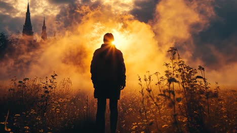 person standing in a field watching a sunset over a city skyline