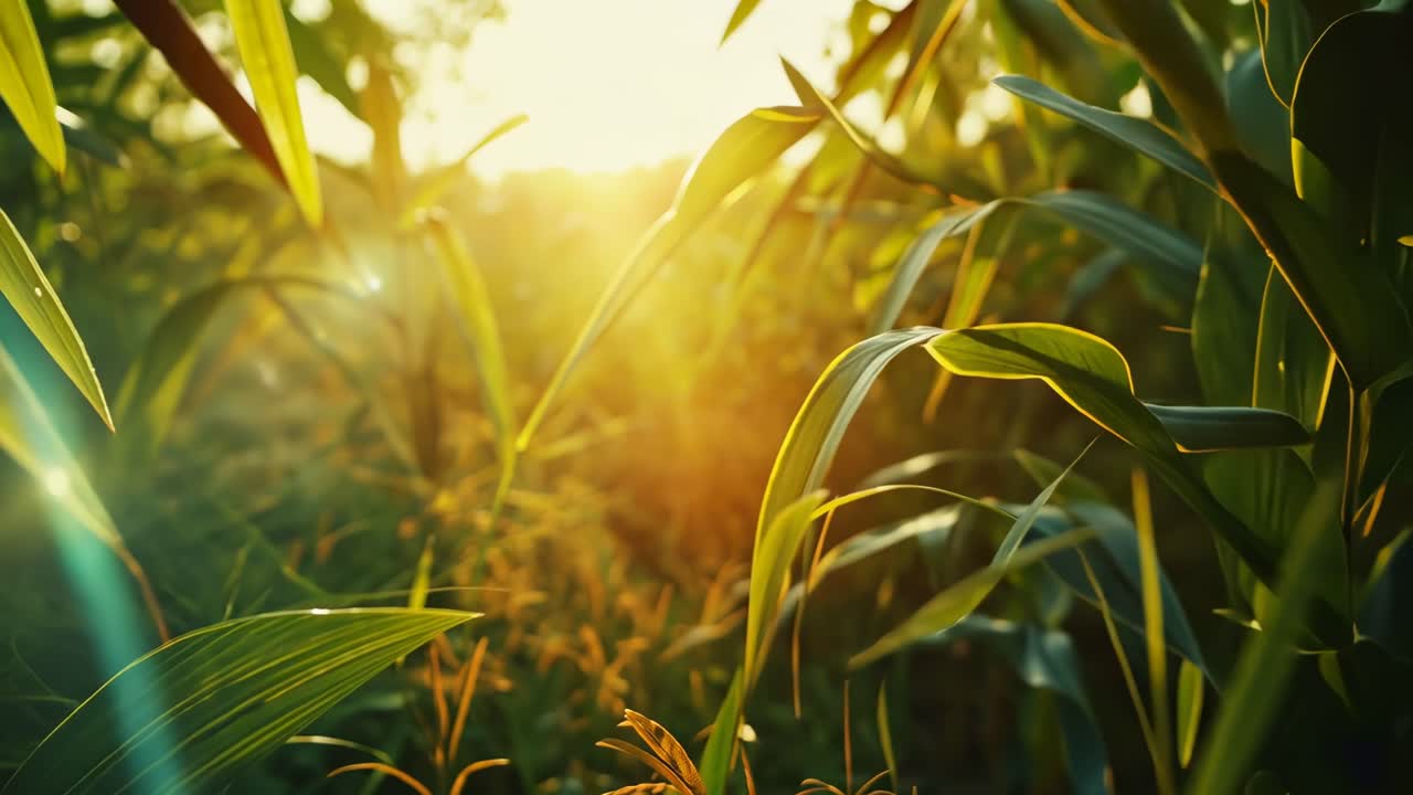 Close-up video of cornfield at sunrise, capturing dewdrops on leaves