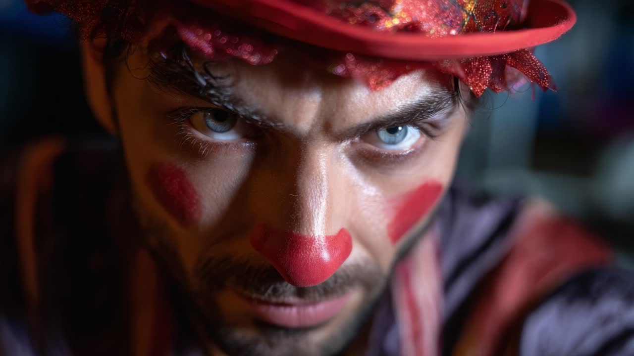 Intense Close-Up of a Clown with Bold Makeup and a Distinct Red Nose, Capturing the Intriguing Emotion Behind Their Performance in the Spotlight