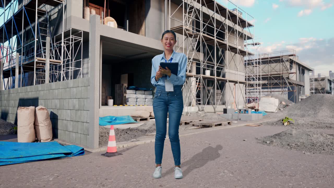 Full Body Of Asian Female At Construction Site in Progress to New House, Typing On Tablet'S Keyboard And Looking Camera And Smiling
