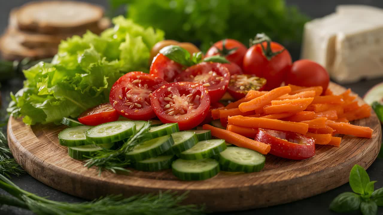 Allontanamento della camera che rivela una tavola di legno su un tavolo scuro con cetrioli, pomodori ed erbe aromatiche per lo styling