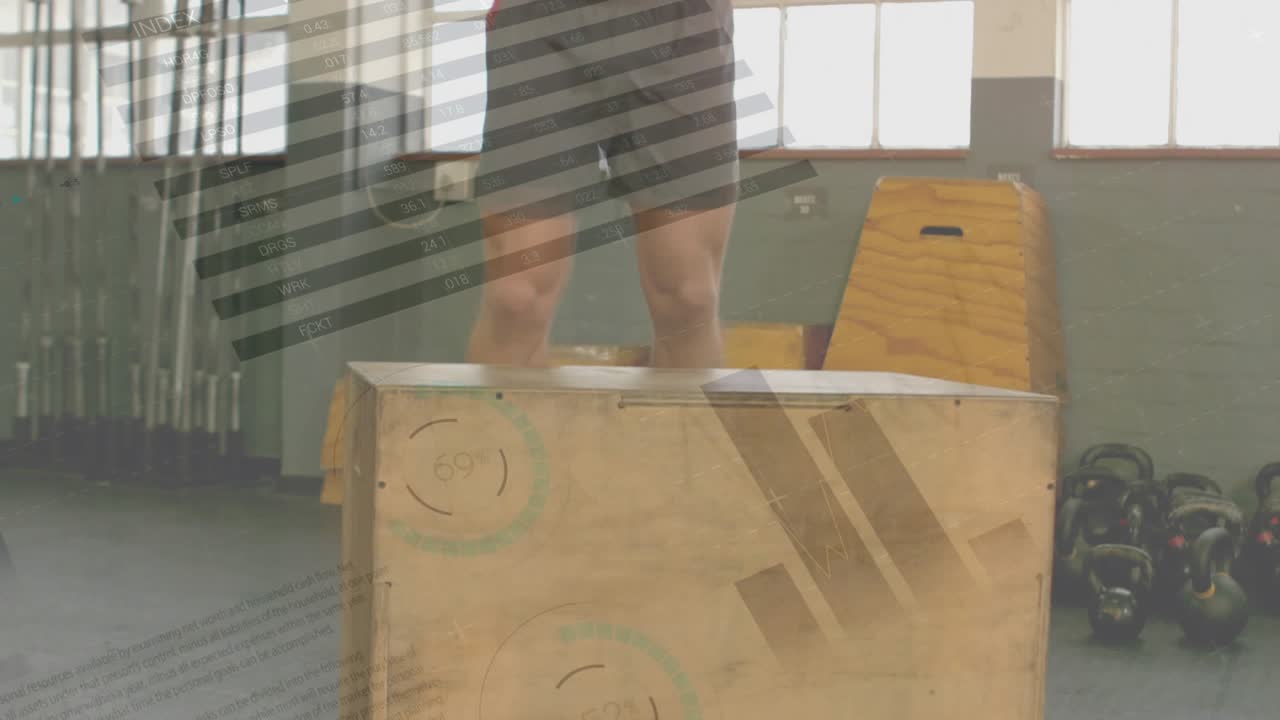 Man landing on plyo box, stabilizing and squatting, training balance with overlaying gym charts