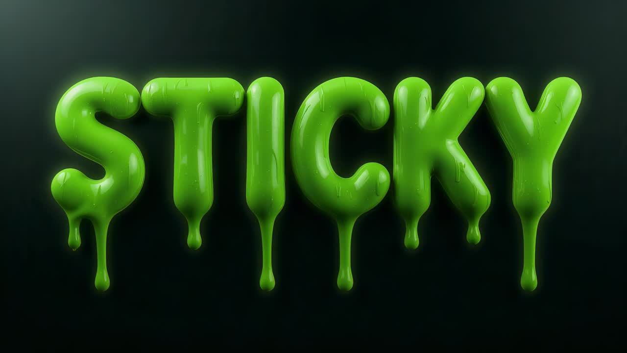 Animazione in riproduzione, STICKY 3D verde neon che cola da una bava lucida in una pozza verde sulla base dello studio