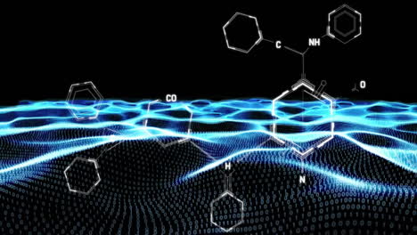 animación de la fórmula química sobre ondas con procesamiento de datos en fondo negro