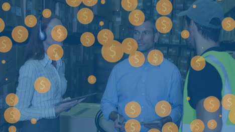 animación de señales de dólar fallidas sobre diversos trabajadores del almacén