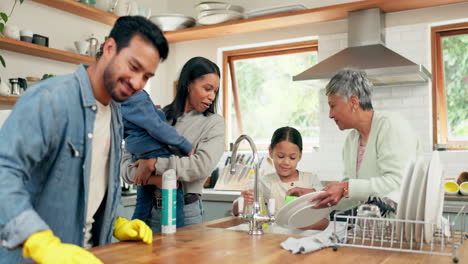 Cleaning,-family-and-man-in-a-kitchen-with-cloth