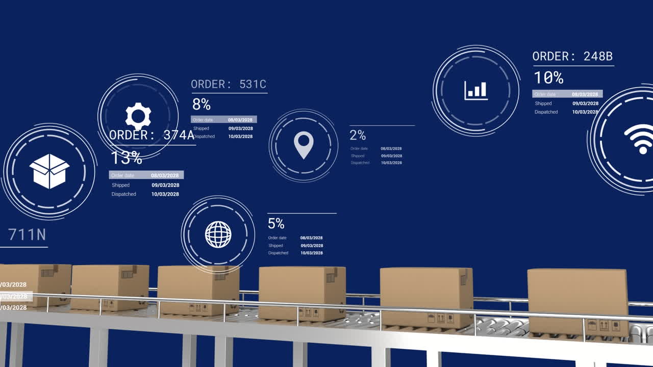 animación de iconos con procesamiento de datos sobre cajas en cinta transportadora sobre fondo azul