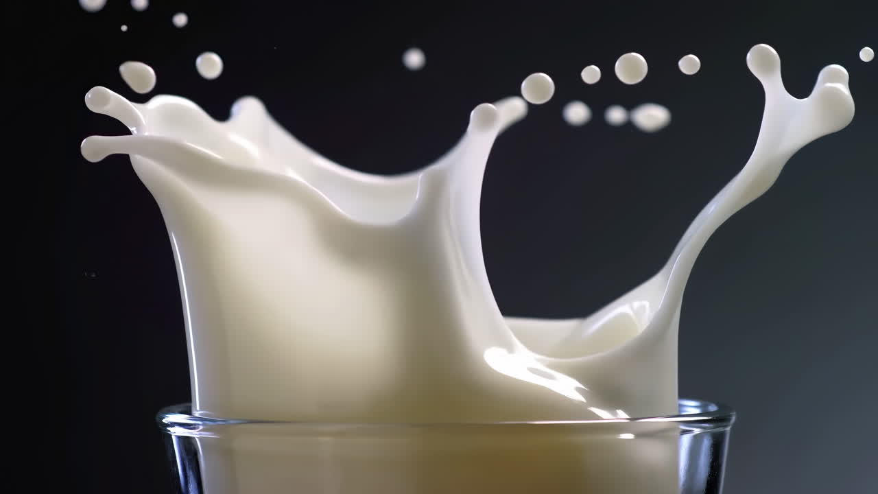 グラスの中で牛乳が跳ね、黄色い液体が滴るスローモーション。