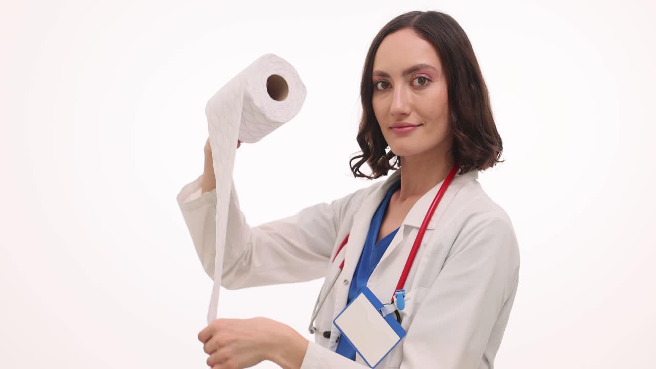 Una dottoressa tiene e srotola un rotolo di carta igienica