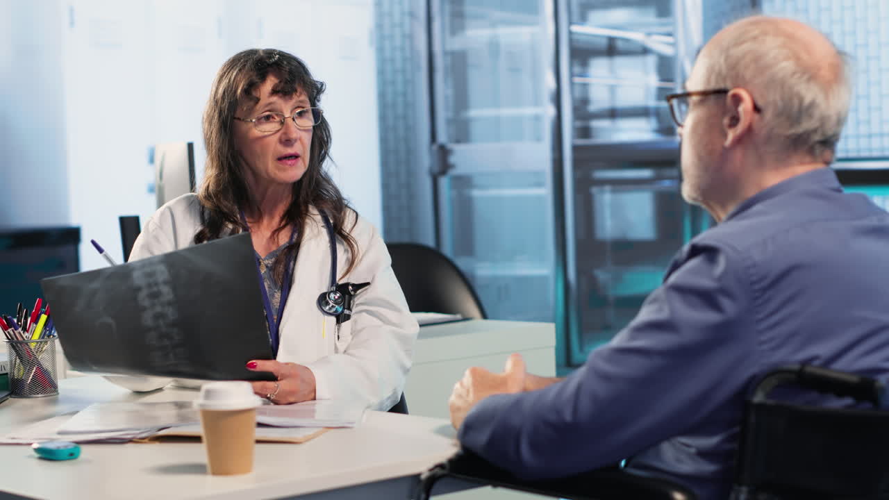 Vertical Video Woman medic presenting diagnostic report to wheelchair user during consultation