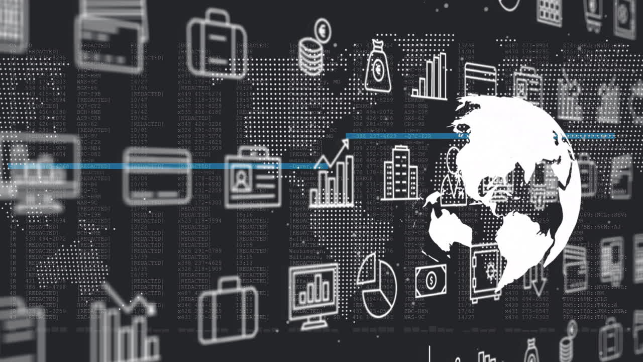 비즈니스 아이콘의 애니메이션 및 전 세계 데이터 처리