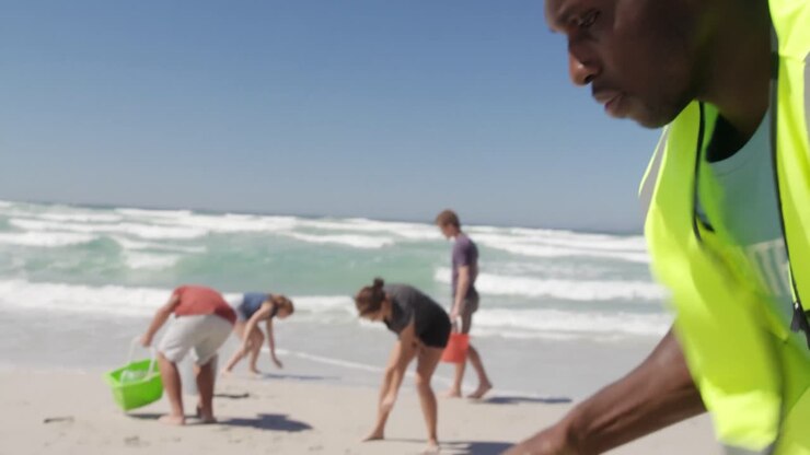 Volunteers cleaning beach on a sunny day 4k
