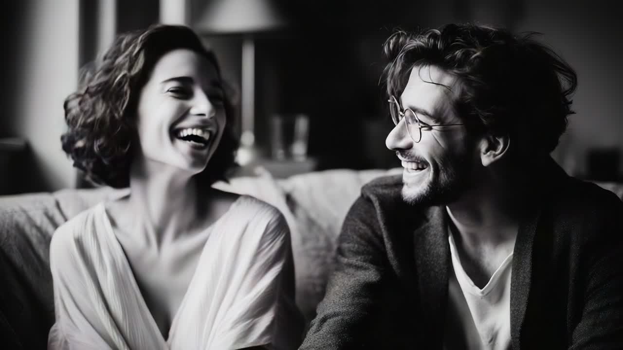 Capturing Joyful Moments: A Couple's Laughter Shared Together in a Cozy Black and White Setting, Highlighting the Connection and Happiness Between Partners