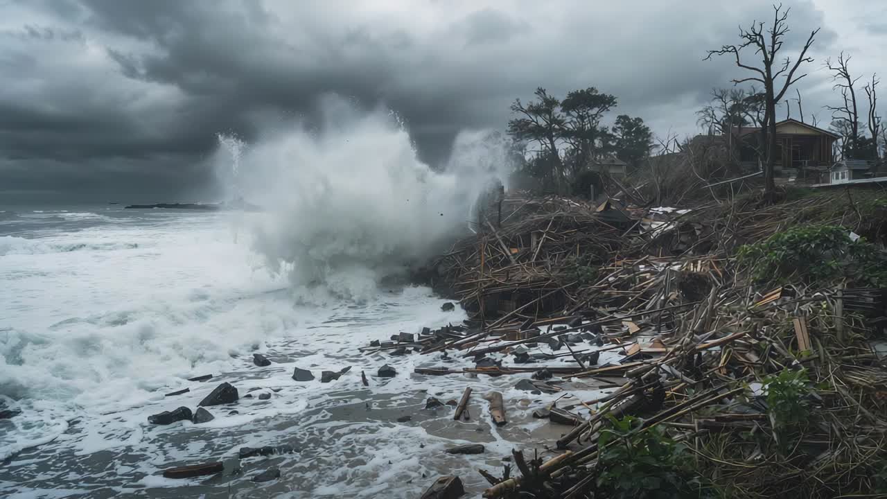 Wind whipping water, driving storm wave hitting rocky beach, swirling white foam around driftwood