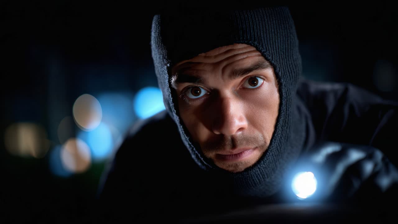 Spændende mystik: En snigende person i en sort maske kigger forsigtigt ind i mørket og indfanger essensen af intriger og mystik i natten.
