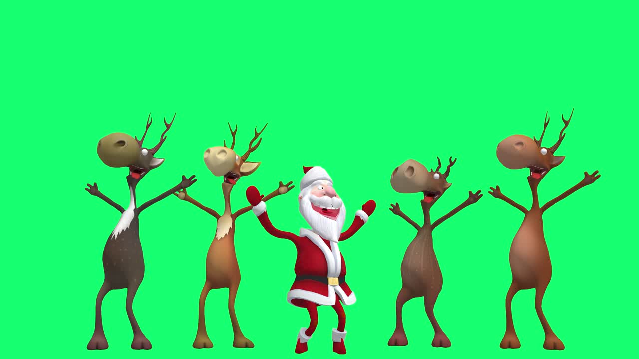 A 3D animation of Santa Claus and four reindeer joyfully dance together ...