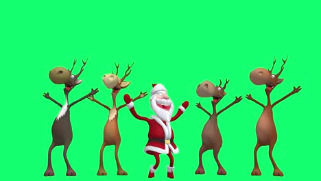 a 3d animation of santa claus and four reindeer joyfully dance together against a green screen background.