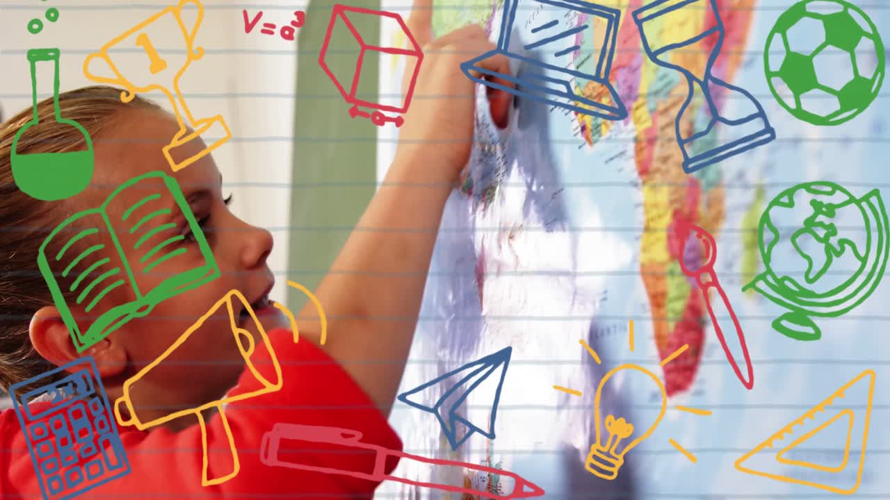 animación de iconos escolares sobre escolares mirando el mapa en la escuela