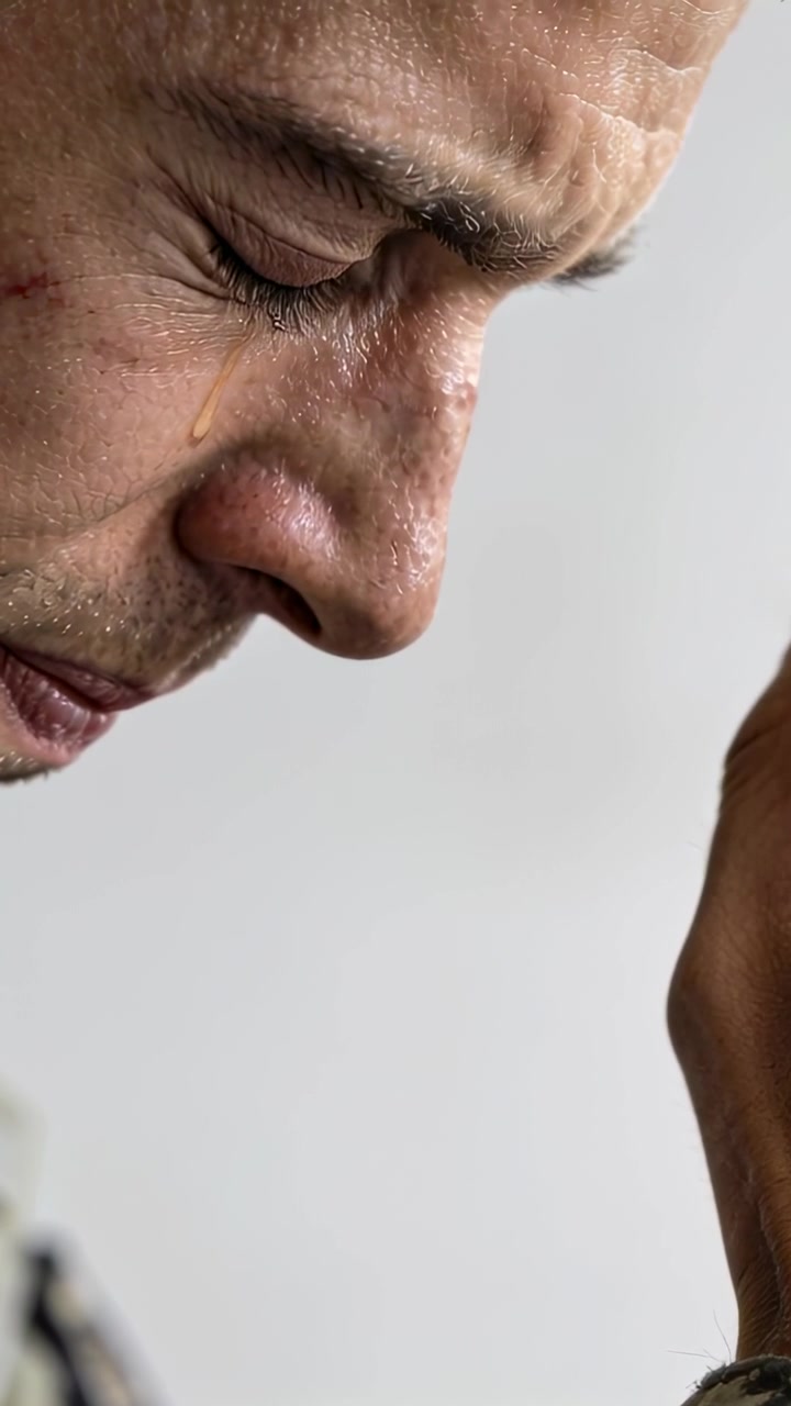 Vertical video: Camo sleeve entering, man in camo closing eyes, tear rolling by scar against wall