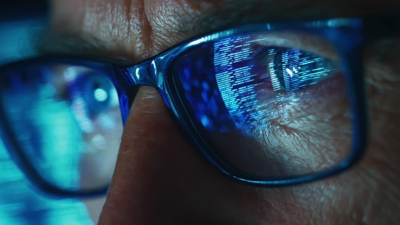 A Close-Up Perspective on a Focused Individual Analyzing Code Reflections in Glasses, Emphasizing the Intricasy of Digital Insights and Cyber Exploration