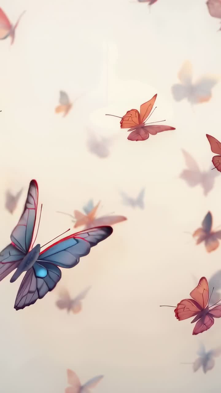 Video verticale: Uno sciame di farfalle che svolazzano si muove, con quelle più grandi che arrivano da destra, fluttuando come sfondo.
