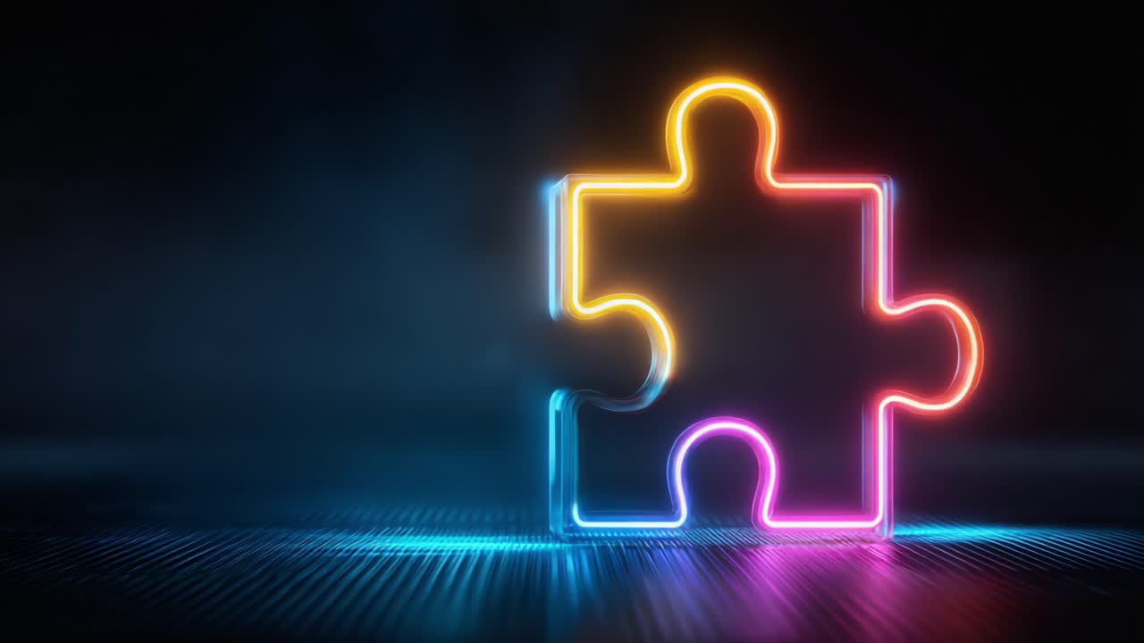 A Vibrant Neon Puzzle Piece Glows Against a Dark Background, Symbolizing Connection, Discovery, and Problem Solving in a Modern, Digital World