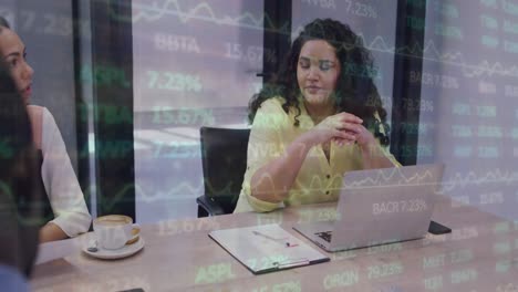 Animation-of-financial-data-and-graphs-over-biracial-woman-in-office-with-coworkers