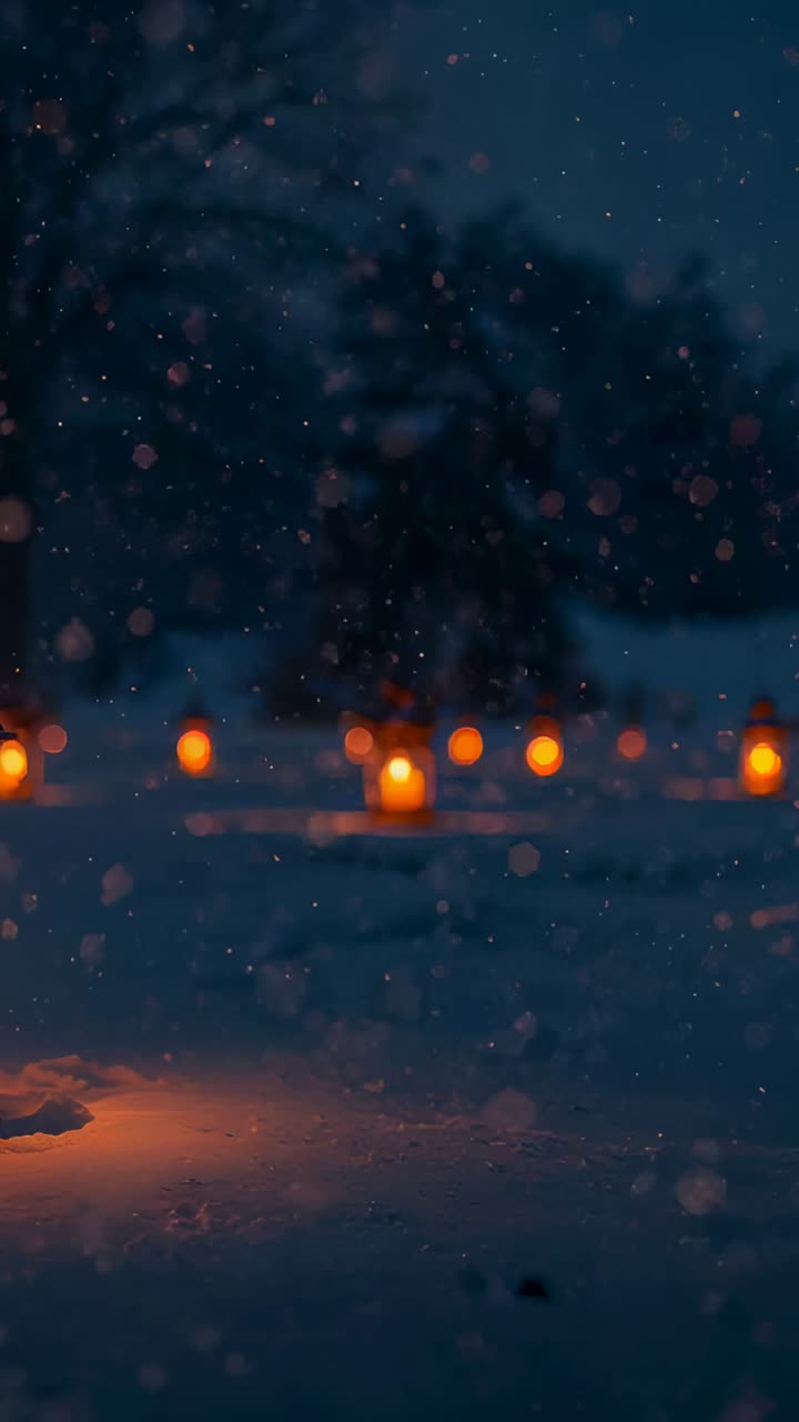 Vídeo vertical: câmera panorâmica mostrando uma lanterna com chama tremeluzindo na neve com luzes, espaço para texto