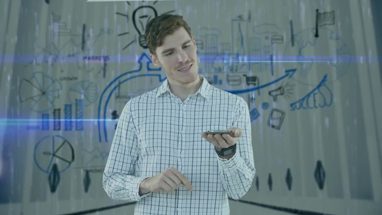 animación de codificación binaria y hombre de negocios caucásico usando teléfono inteligente sobre la sala de servidores