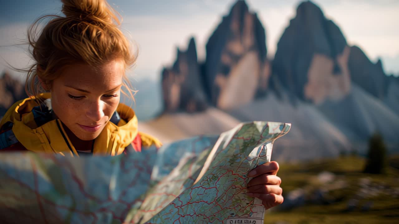 Nahaufnahme einer jungen Wanderin, die in den Bergen eine Papierkarte studiert, mit dramatischen Felsgipfeln im Hintergrund, Konzept für Reise-Navigation und Wandern.