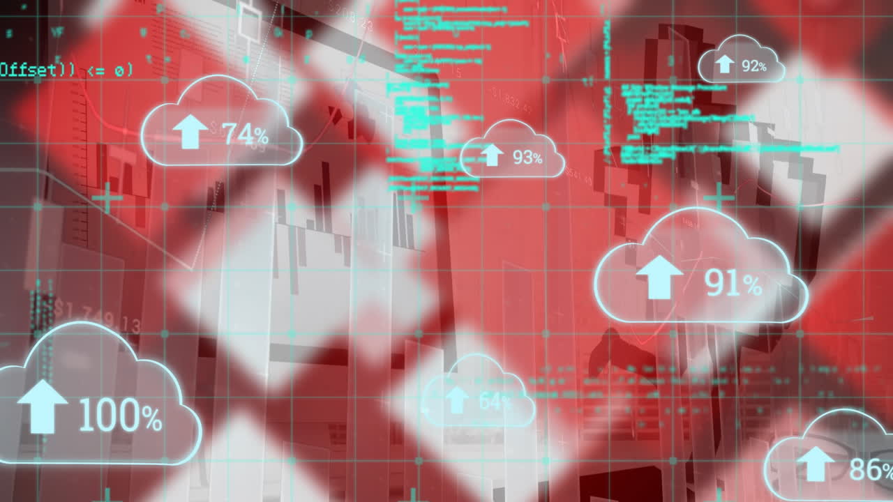 animación de iconos de carga en la nube y procesamiento de datos sobre formas de cuadrados sobre fondo rojo.