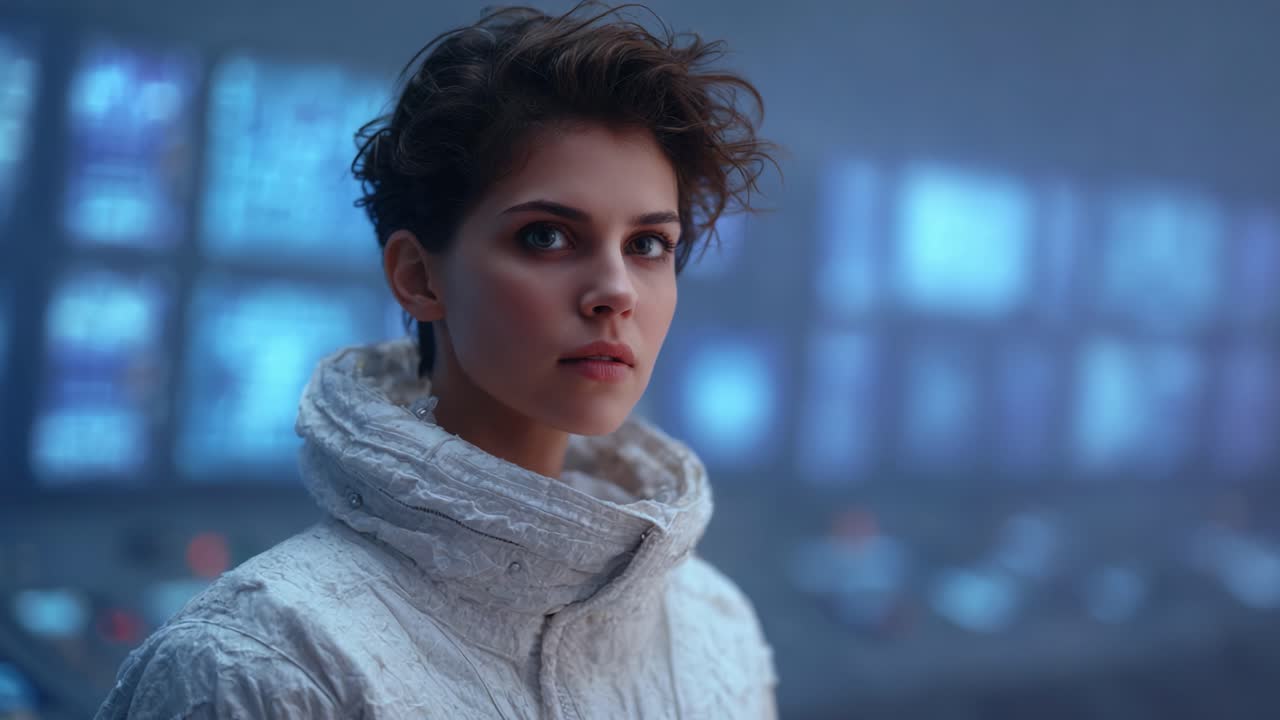 A Pensive Explorer in a Futuristic Command Center, Captured in Ethereal Light and Surrounded by Glowing Screens of High-Tech Equipment