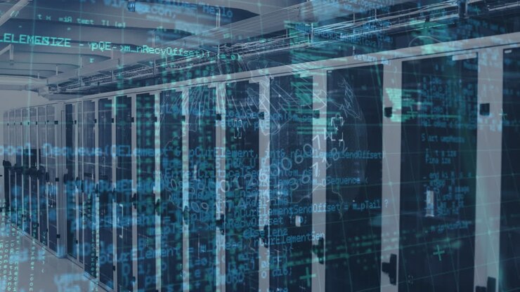 Animation of globe and data processing over server room