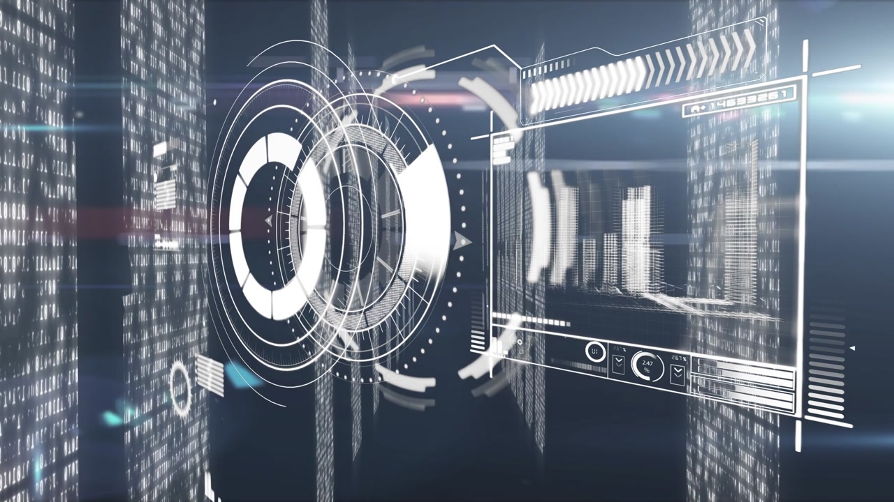Animation of interface with data processing over screens with mosaic squares against blue background