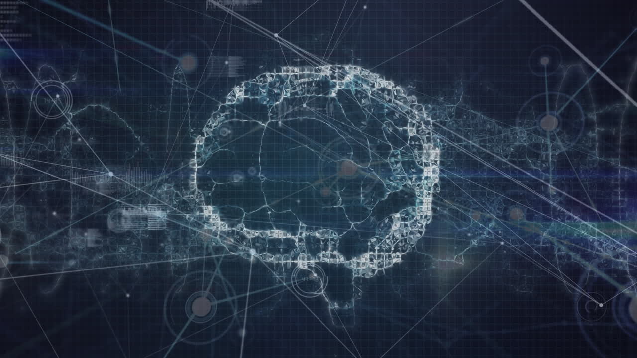 Animation of network of connections with digital brain over data processing and dna strand